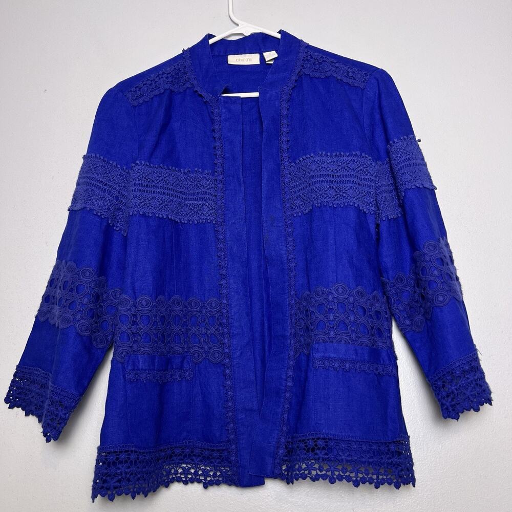 Chico's Women's Linen Lace Embroidered Open Front Blouse Sz L Blue Bright Boho
